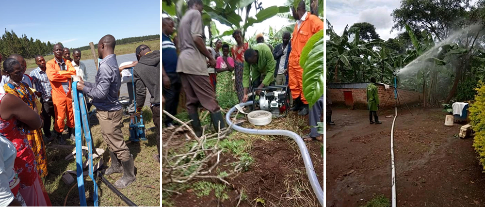 Left: A facilitator training farmers on how to set up a sprinkler gun; . . Center: Farmers learning how to set up an irrigation pump; . . Right: Farmers learning how to practically irrigate.